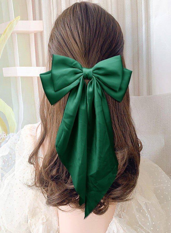TULOBI Large Silky Satin Bows 3Pcs Green Hair Ribbons for Women - Cute Coquette Bow Clips with Long Tails and Ponytail Barrettes - Image 4